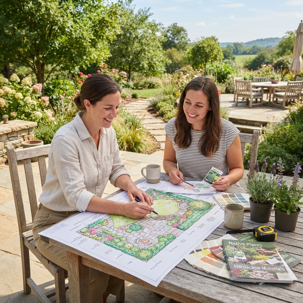 Landscape design planning with plants and outdoor layout concepts in bright daylight setting