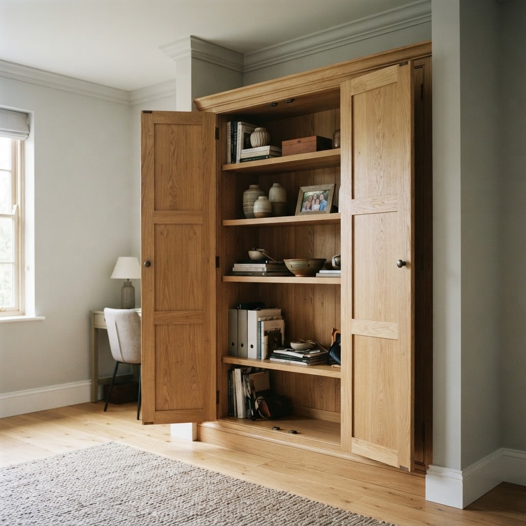 Custom-built oak storage cabinet with two doors and interior shelving made for a specific room