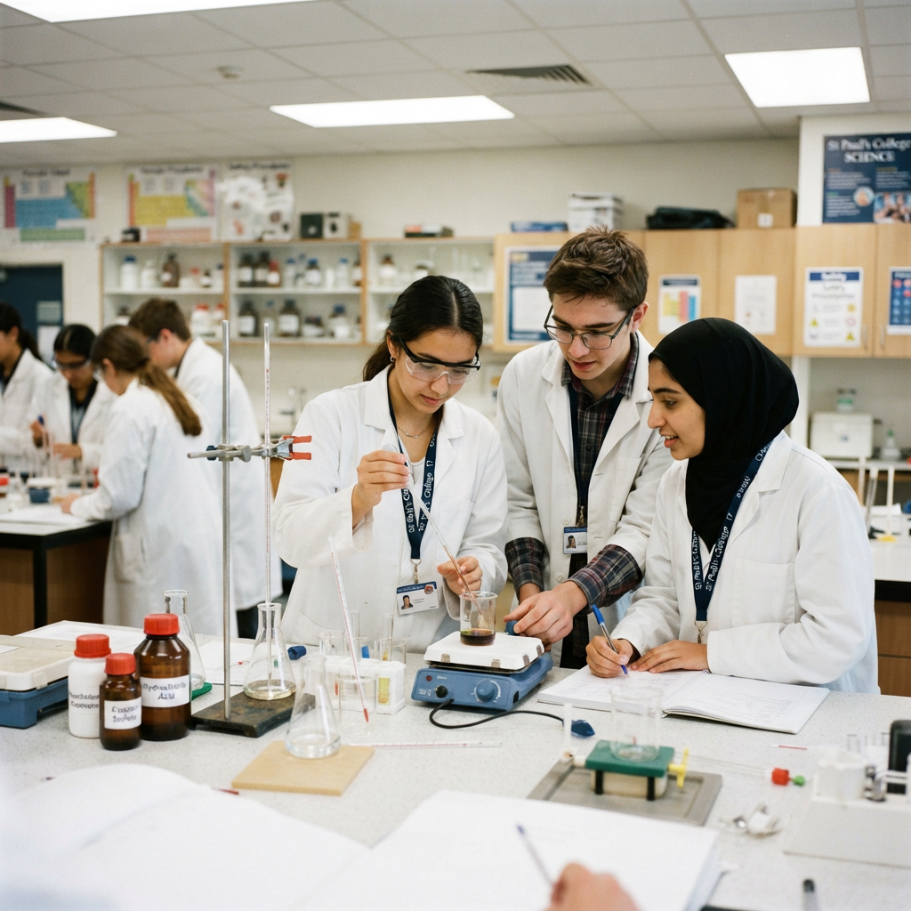 Grade 12 students working together on laboratory work at St Paul's College