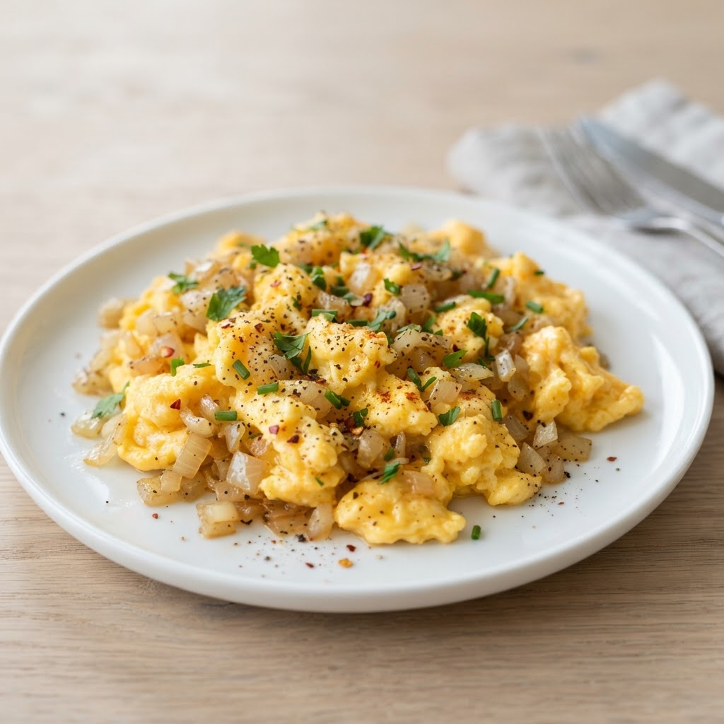 Egg laapa scrambled eggs with onions and spices on plate