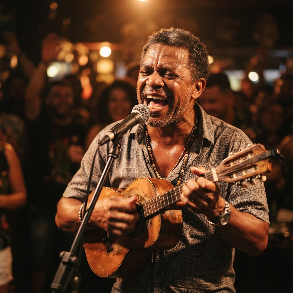Expressive samba composer performing with passion under warm amber spotlight