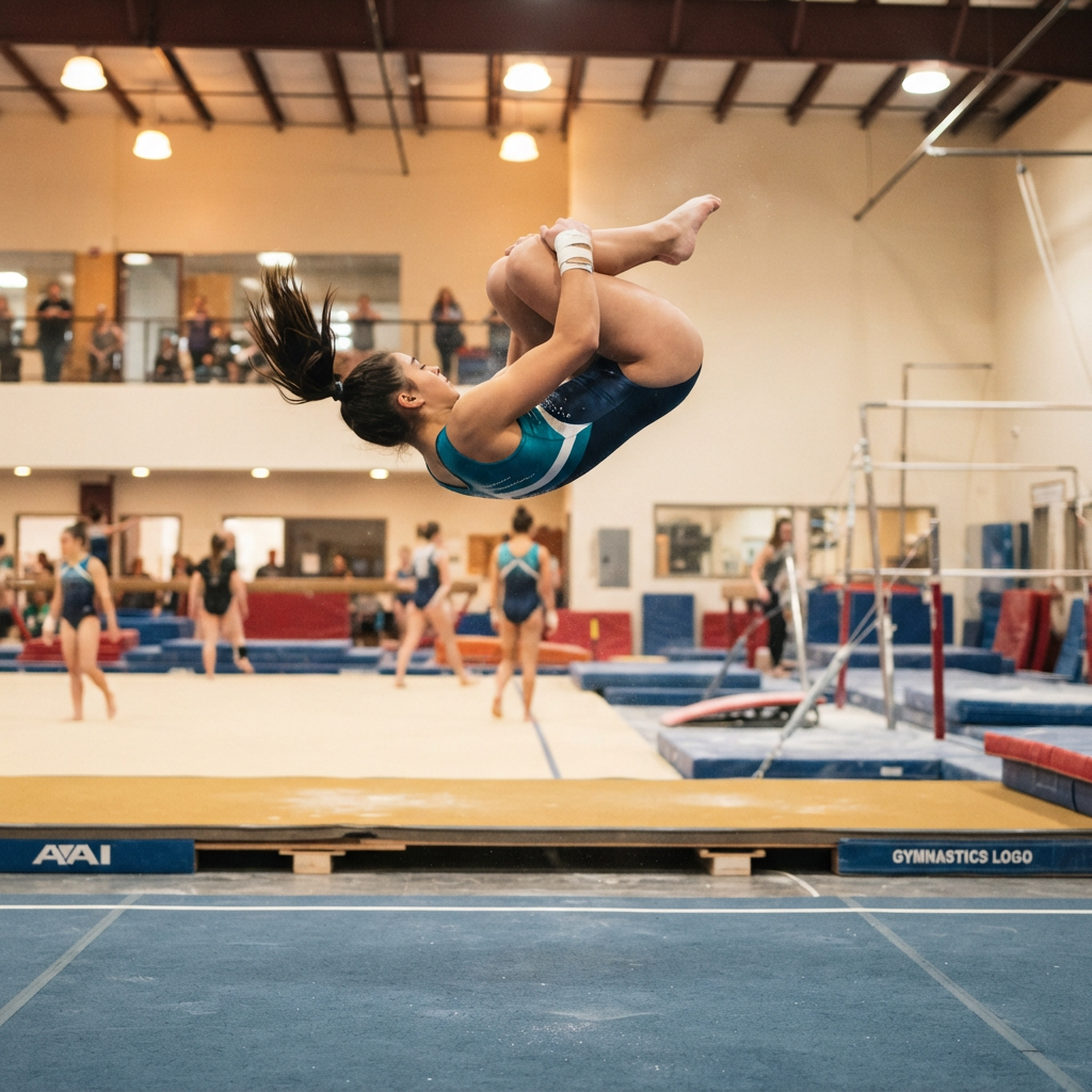 Gymnast mid-flip over a spring floor in a bright training hall with warm lighting