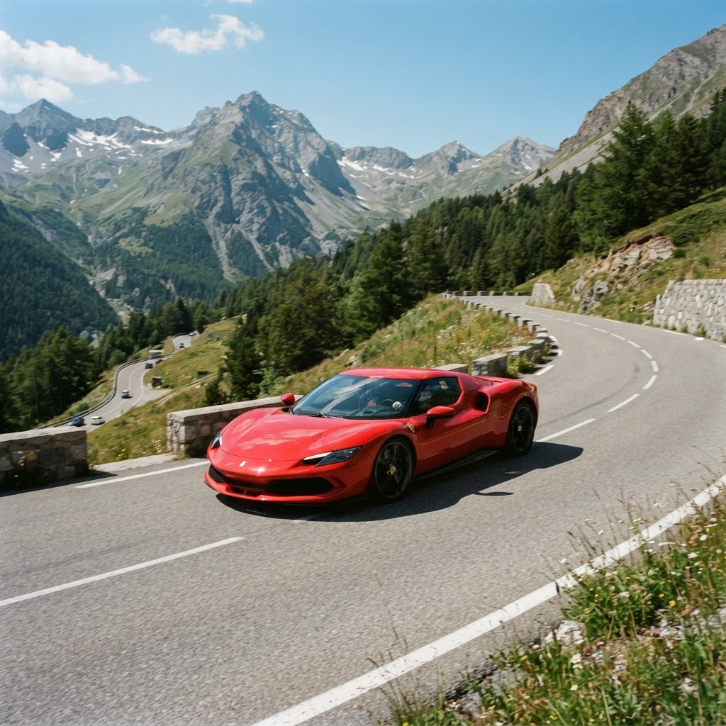 Red Ferrari sports car on a mountain road — the iconic Italian supercar brand founded by Enzo Ferrari in 1947, the world's most valuable car brand