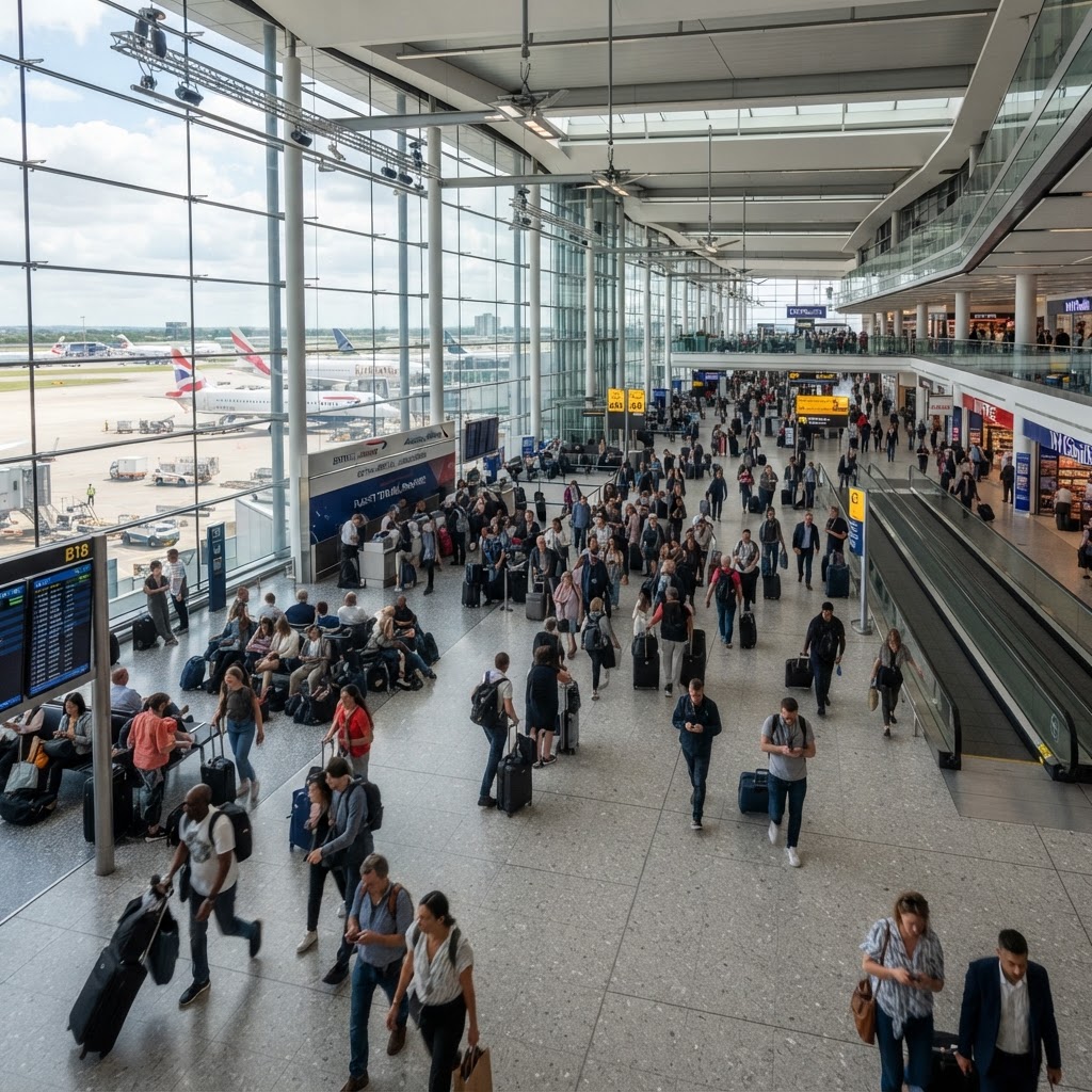 International airport terminal with travelers — global connectivity, international business travel
