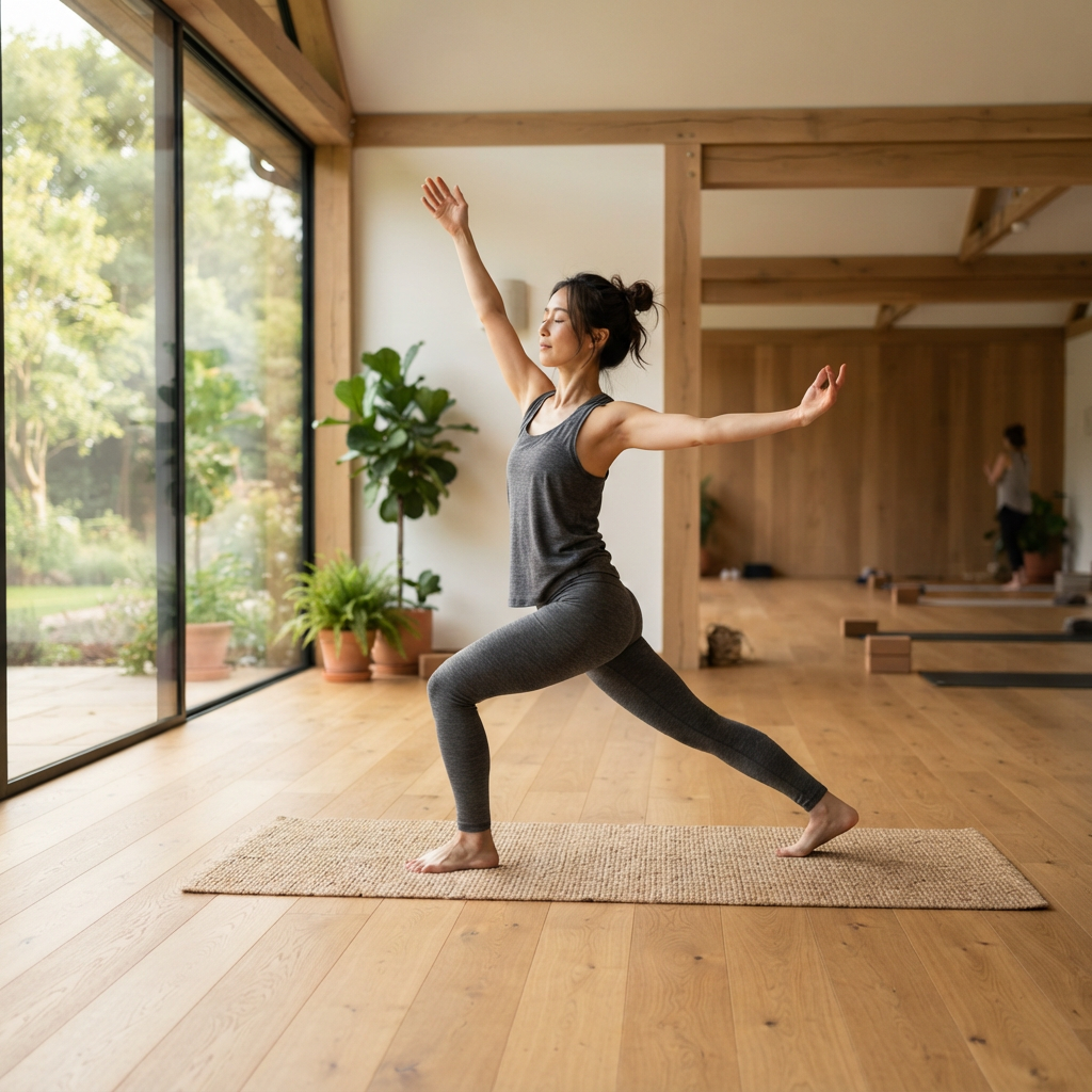 Woman performing a slow, controlled low-impact exercise in a sunlit room