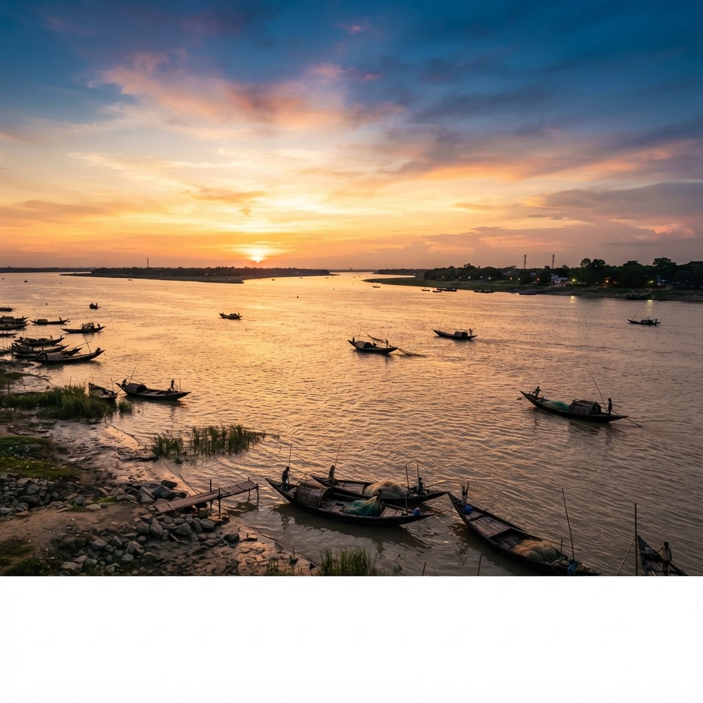 Gadiara riverside with boats and three rivers meeting at sunset