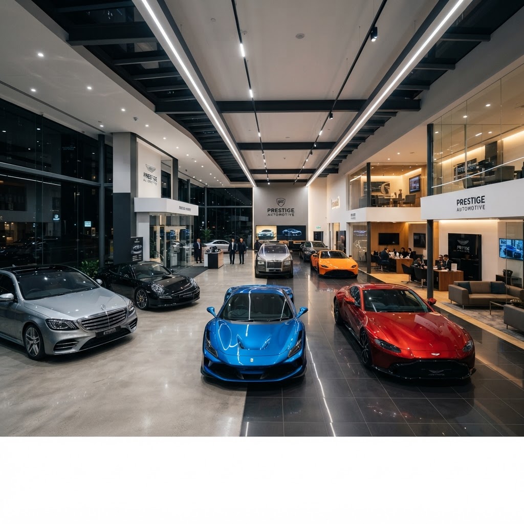 Luxury car showroom with high-end vehicles — luxury sedans depreciate fastest, losing up to 65% in 5 years