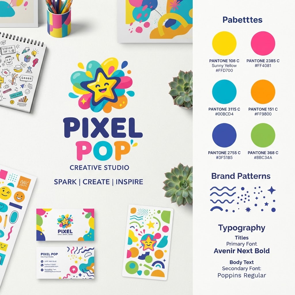 Brand identity design with logo and color palette on bright creative studio desk