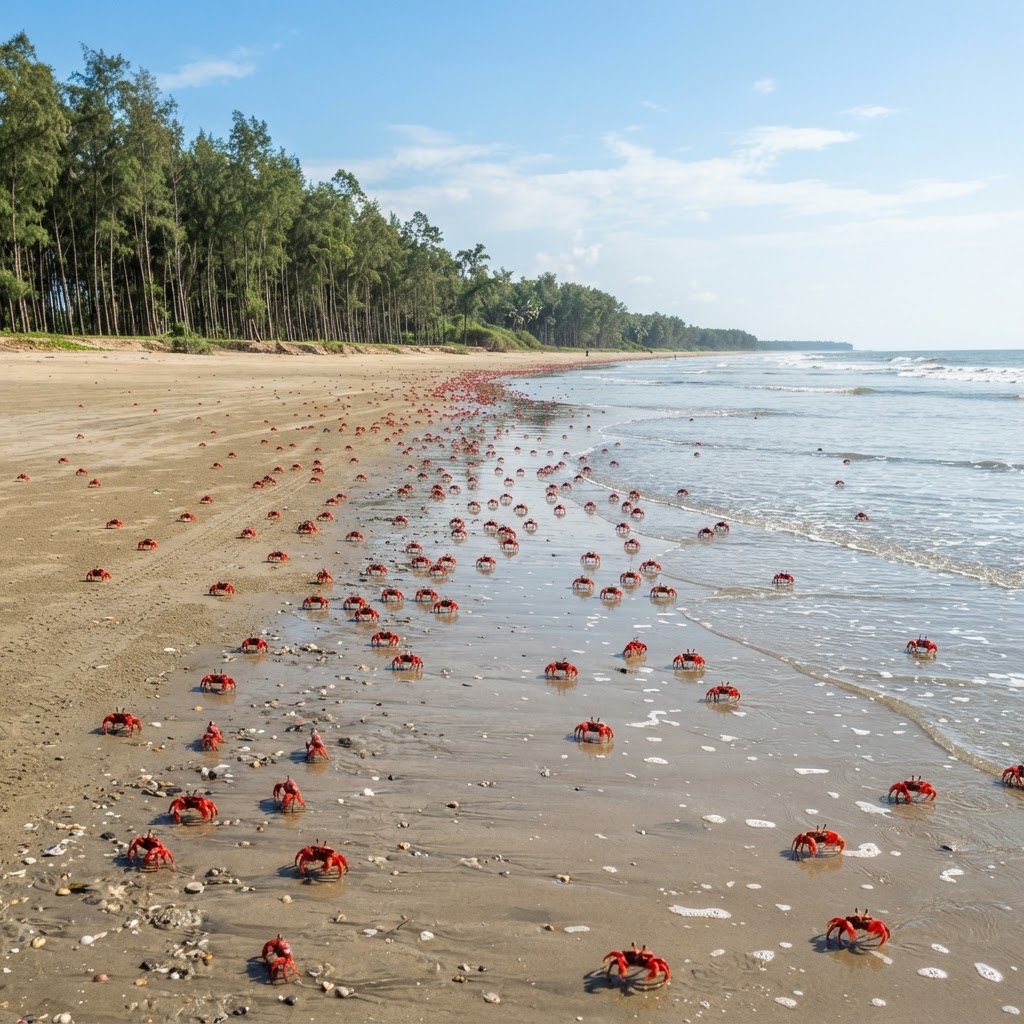 Tajpur beach with red crabs, casuarina trees, and pristine shoreline