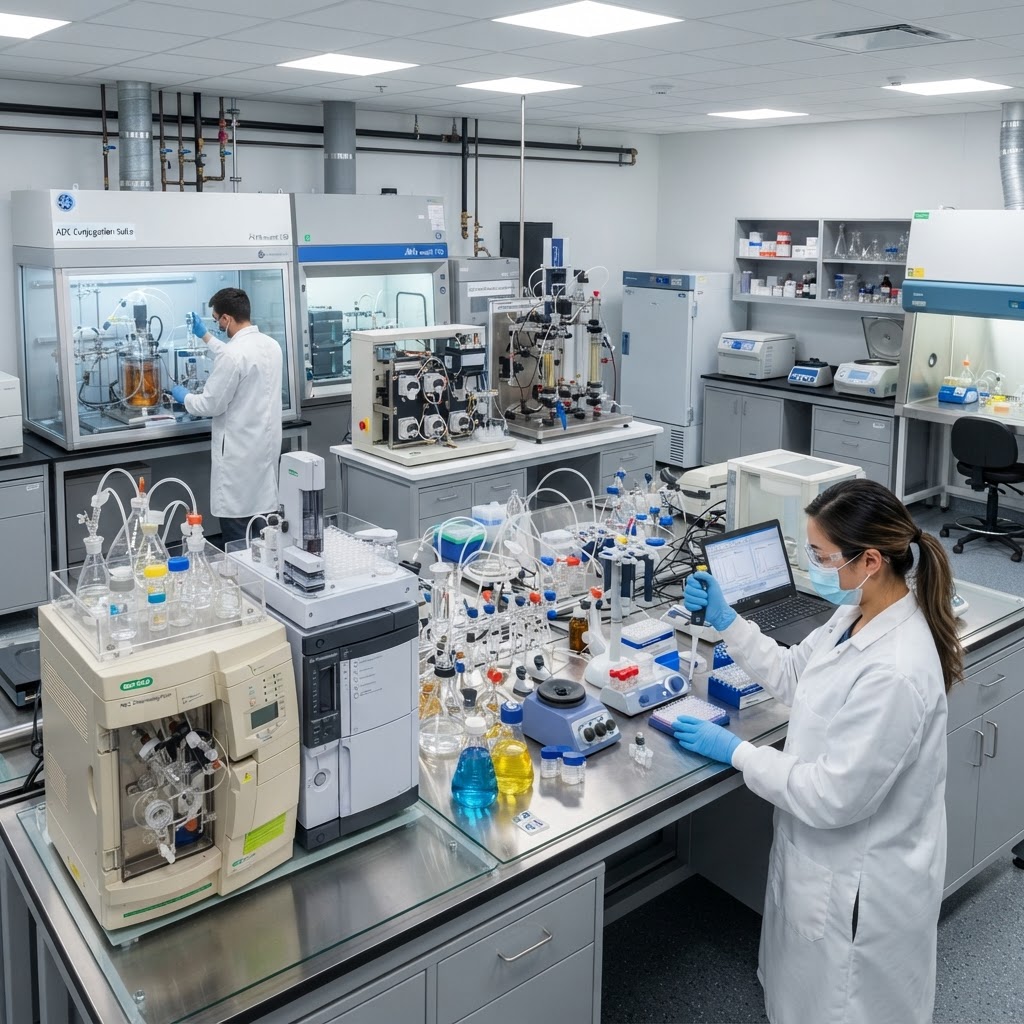 Bioconjugate and antibody-drug conjugate manufacturing laboratory with advanced analytical equipment