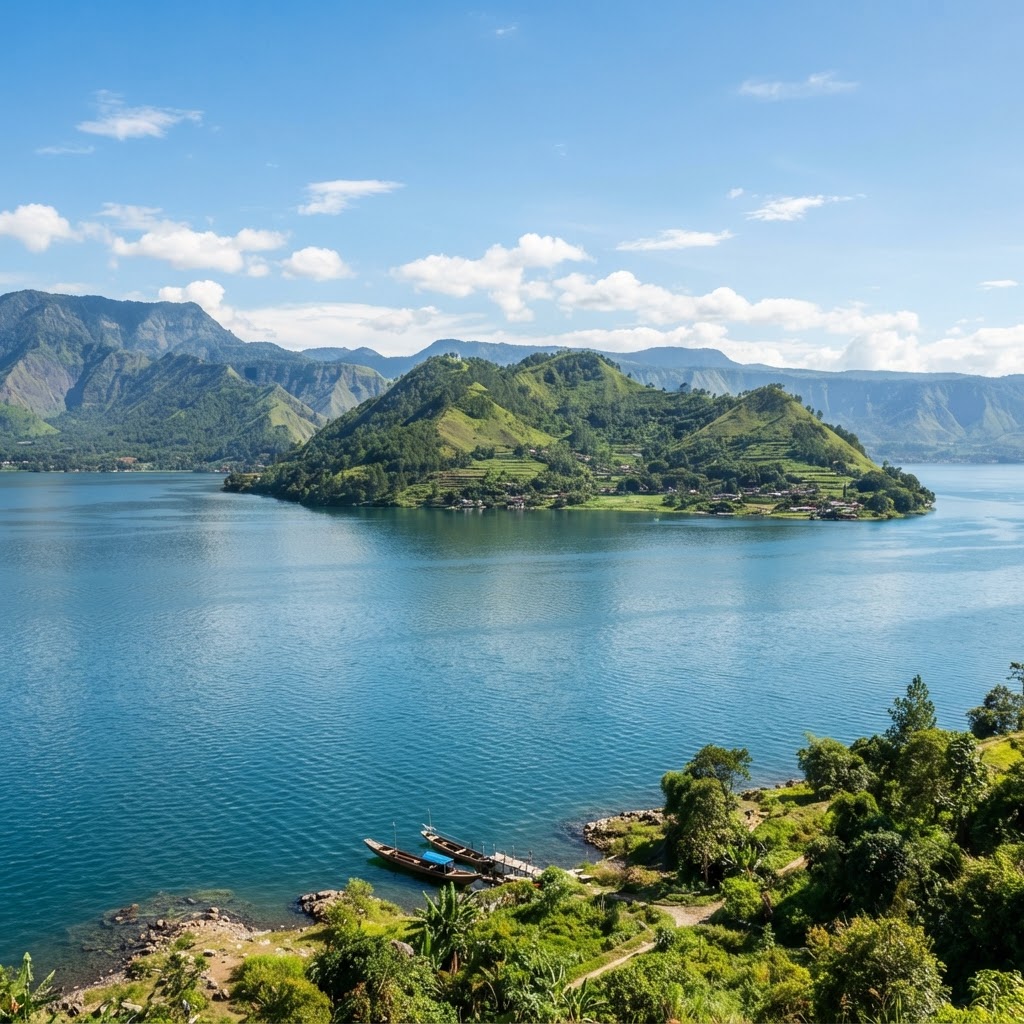 Danau Toba Sumatera Utara dengan pemandangan hijau dan air biru jernih di siang hari cerah