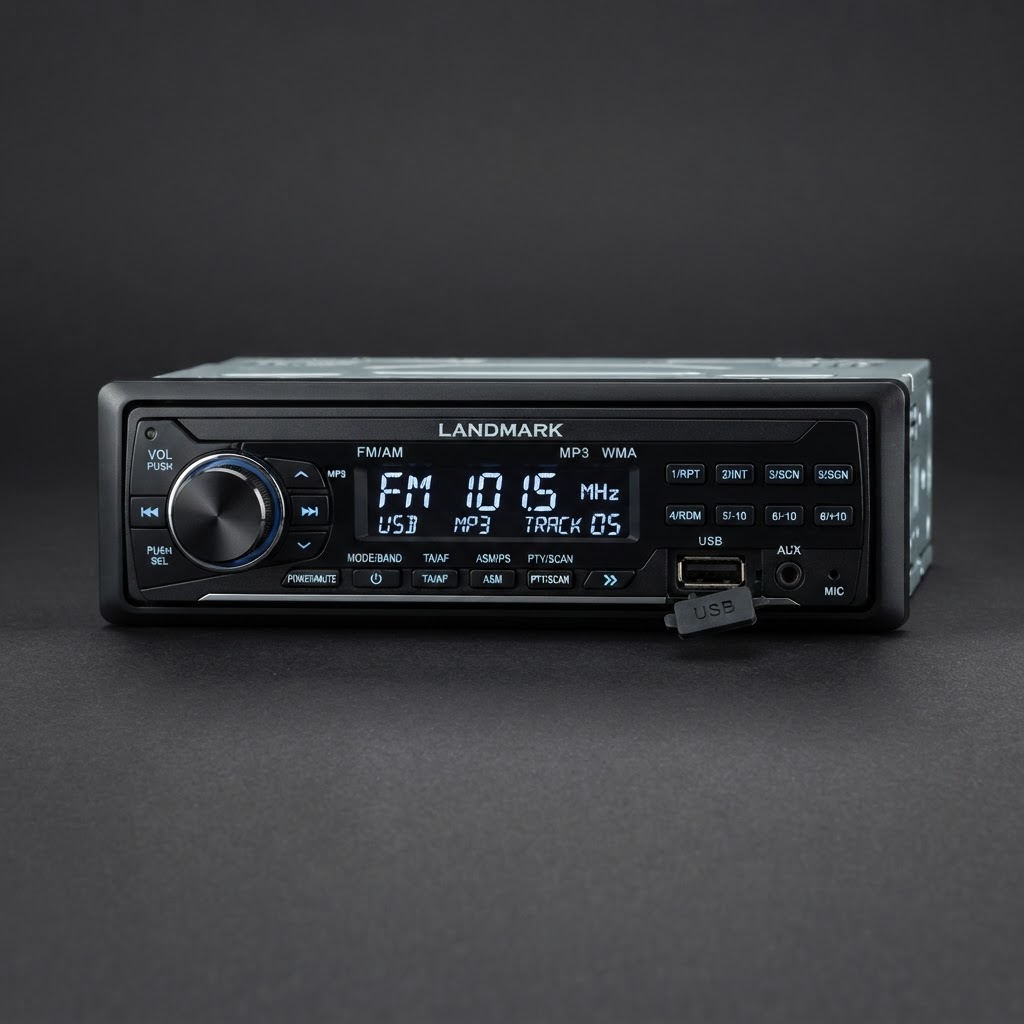 Landmark single DIN car stereo with FM radio and USB support