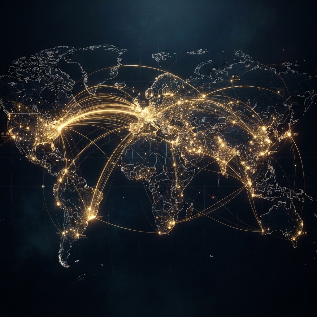 Abstract global intelligence map with fine gold nodes and connection arcs — strategic positioning