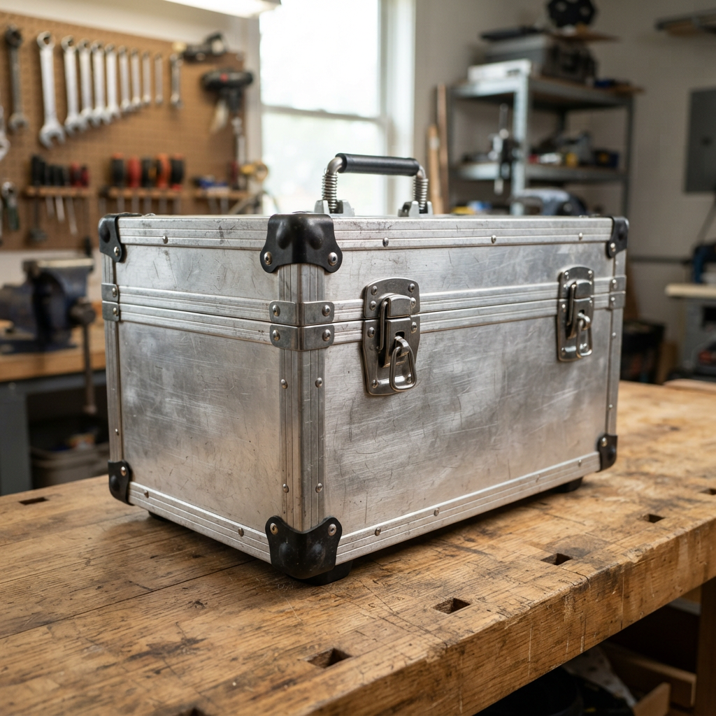 Rugged aluminum equipment case with metal latches resting on a workbench
