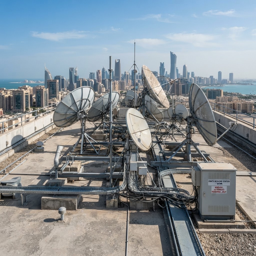 SMATV satellite master antenna TV system installed on rooftop of residential tower in Qatar