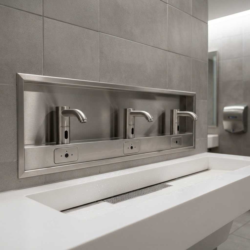 Recessed panel washroom automation with sensor faucets and touchless fixtures in commercial building