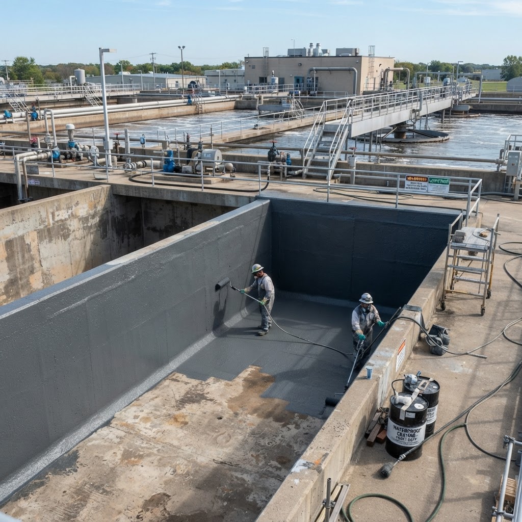 Water treatment facility tanks and concrete basins requiring waterproof protective coating
