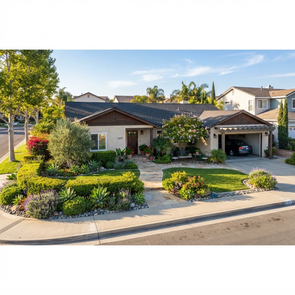 Clean organized property exterior in warm Southern California sunlight