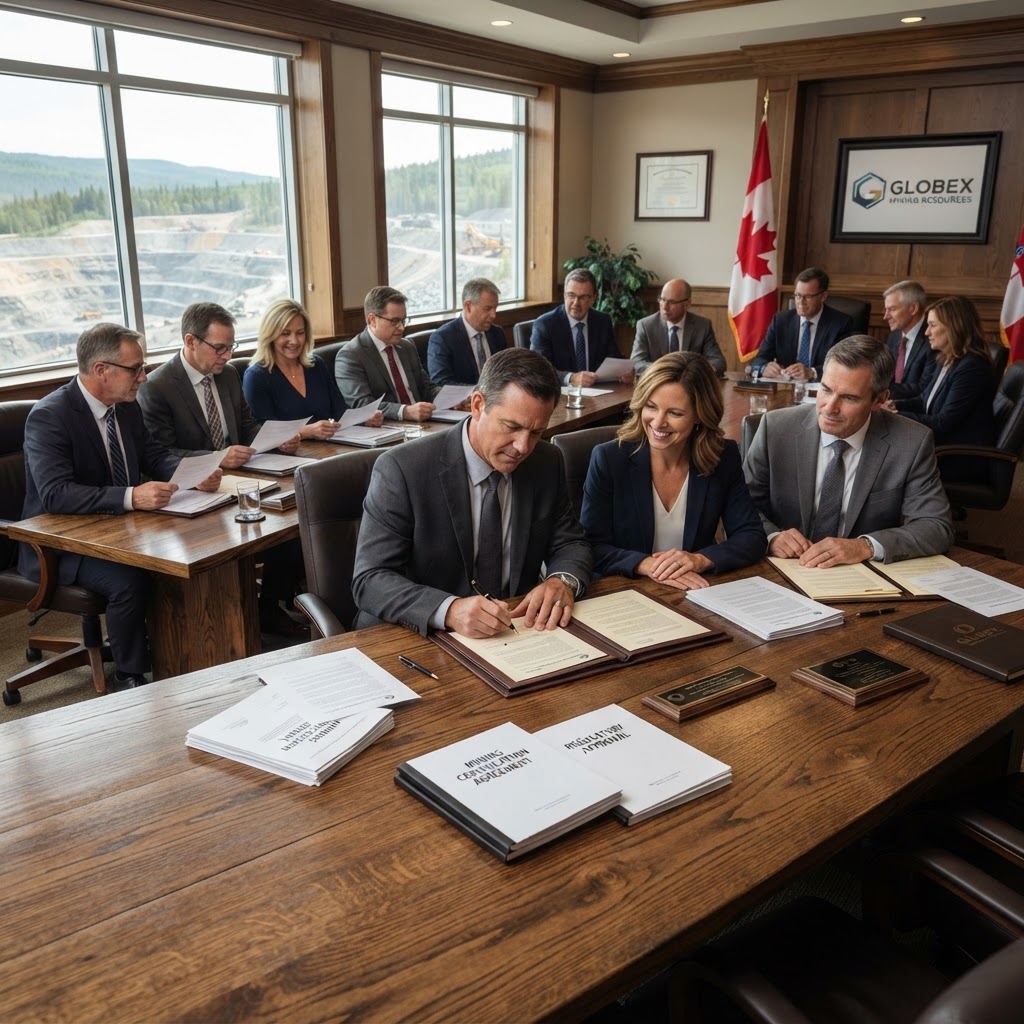 Mining certification document signing ceremony in professional office, dark wood table, formal attire