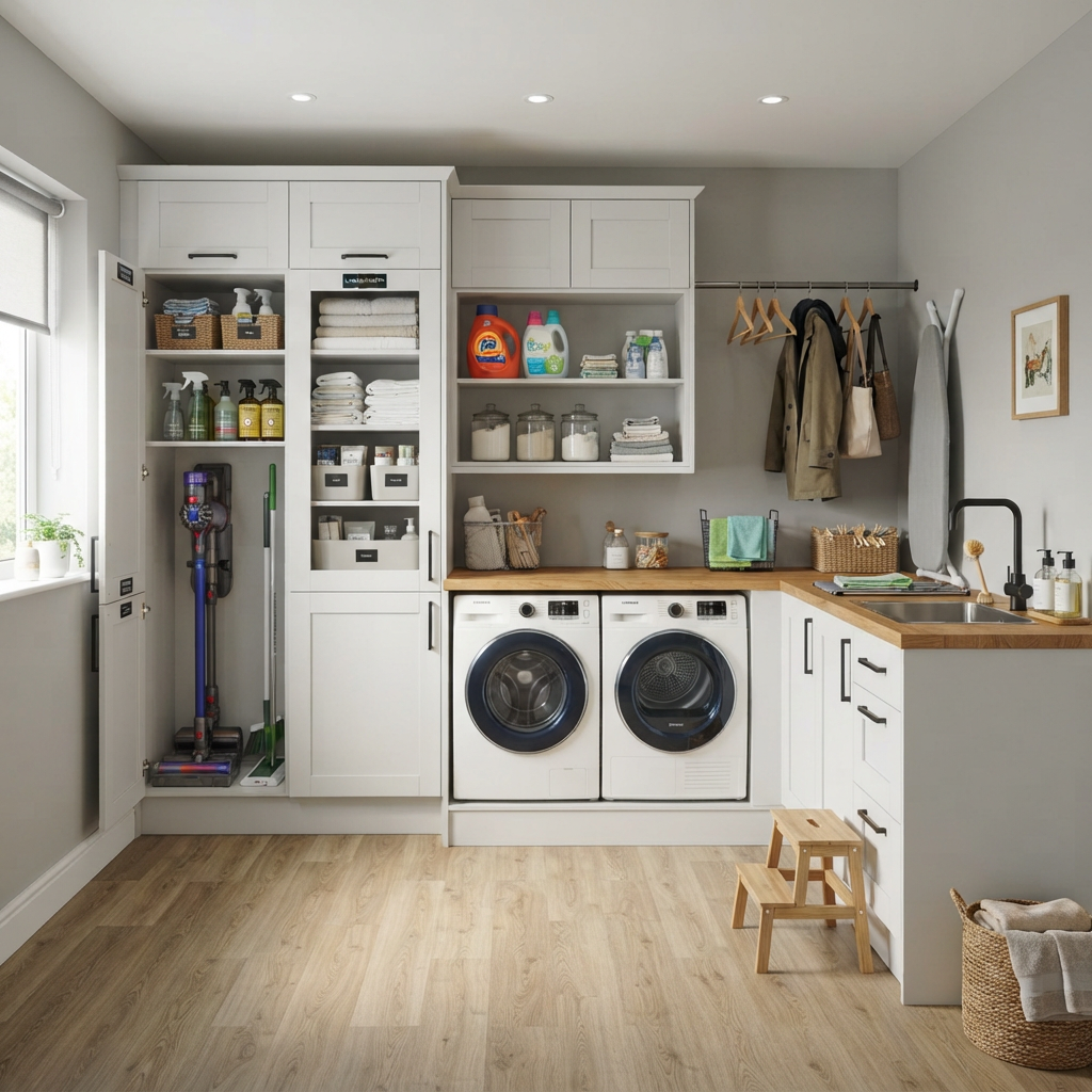Home organization cabinets in a tidy utility space