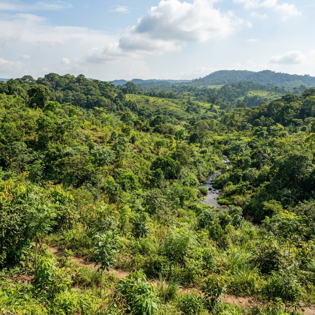 Lush green landscape in Ituri Province DRC showing environmental restoration after responsible mining, trees and vegetation
