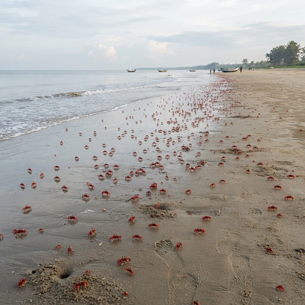Mandarmani beach with red crabs on sand and calm sea waves