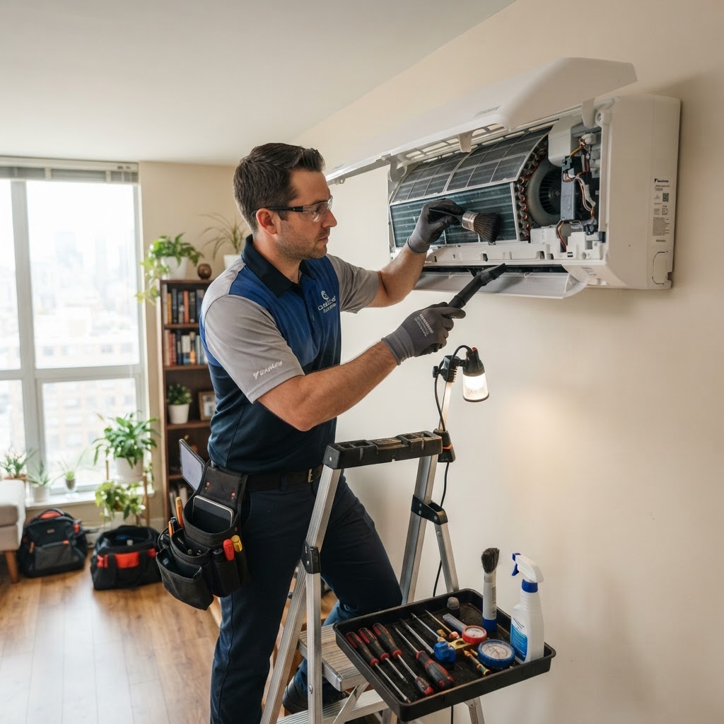 Professional AC technician cleaning a split air conditioner mounted on a wall in a modern well-lit home interior