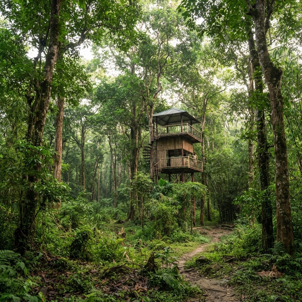 Gorumara National Park dense forest with wildlife watch tower