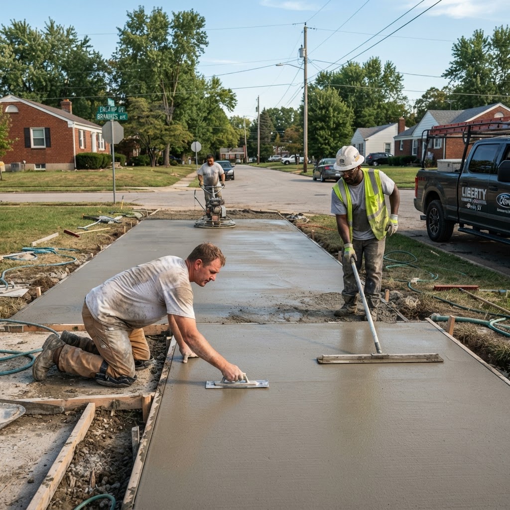 Professional concrete surface finishing work in progress on a Louisville Kentucky residential property