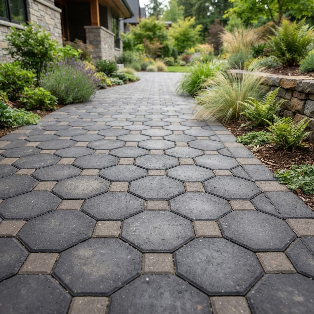 Octagon cabro pavers in a geometric pattern