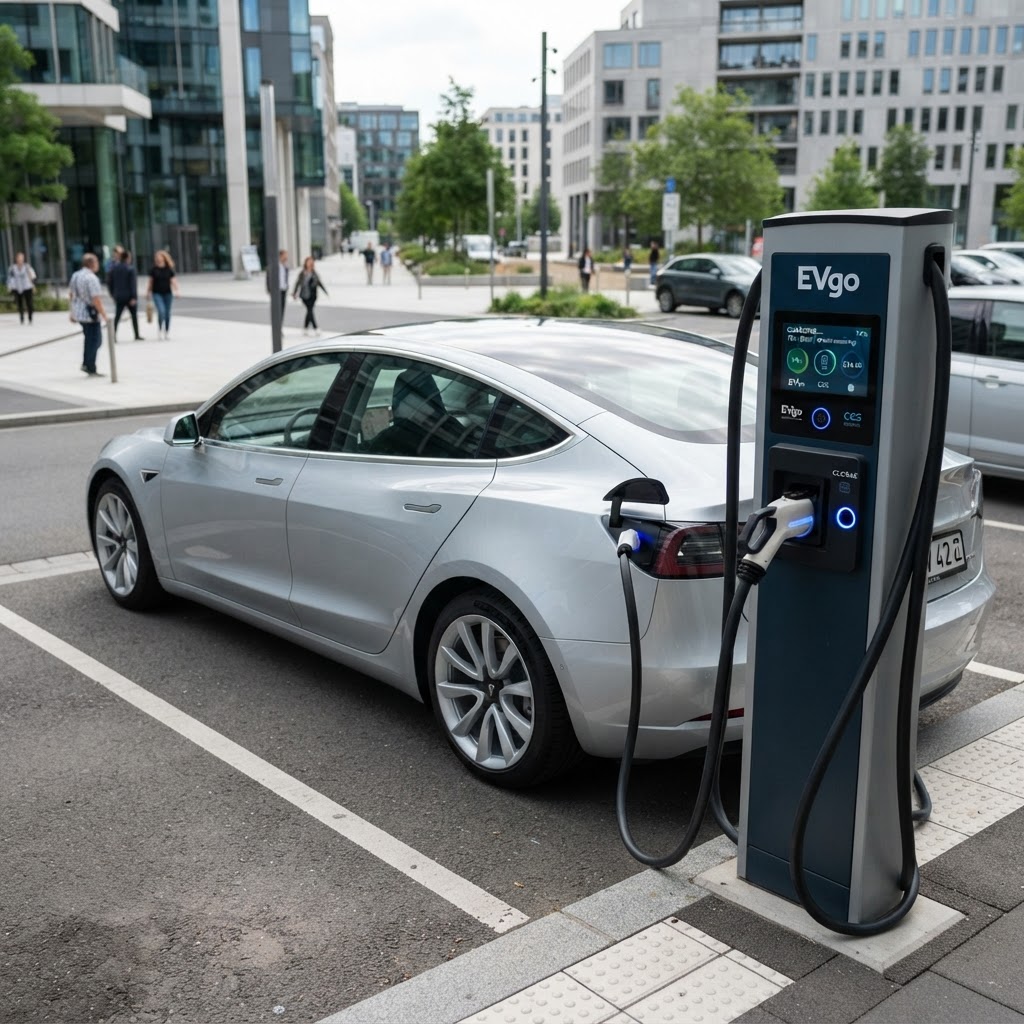 Electric vehicle charging at a public charging station — EV depreciation has narrowed to 51% vs 47% for ICE vehicles in 2026
