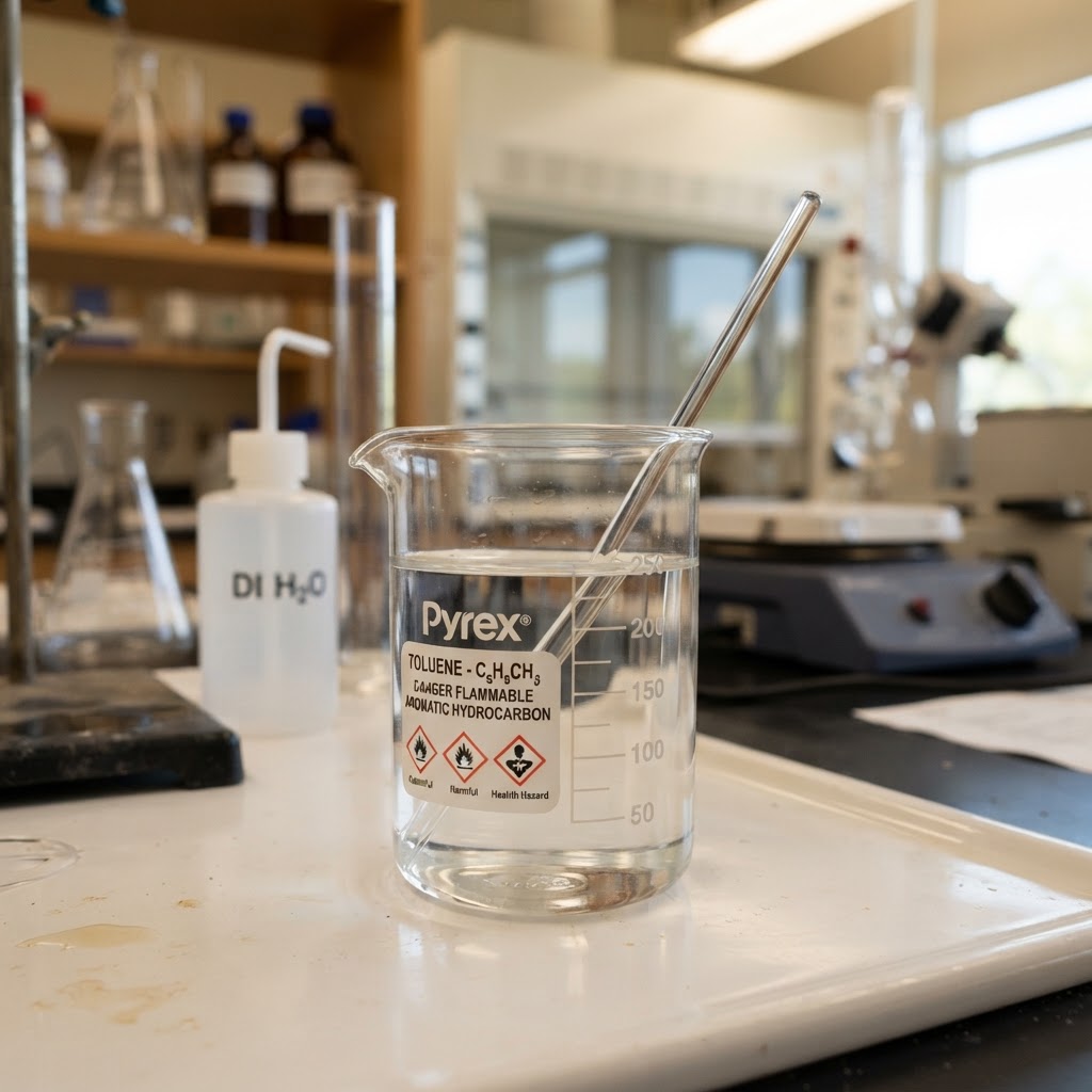 Clear toluene solvent in laboratory glass beaker, aromatic hydrocarbon chemical