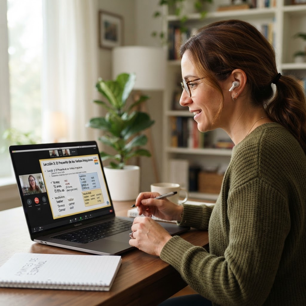 Professional tutor working online with Spanish learning materials visible