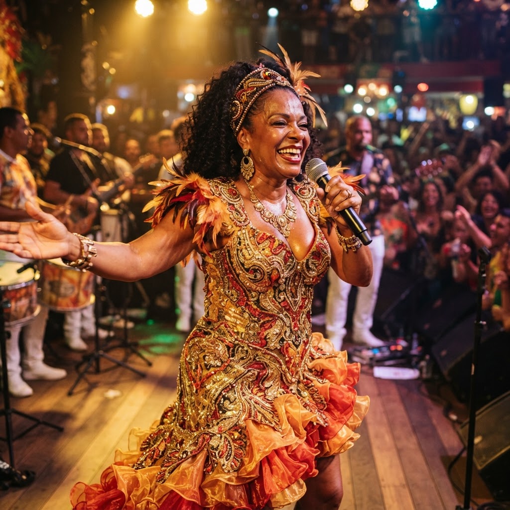 Legendary female samba singer performing with grace under warm golden stage lights