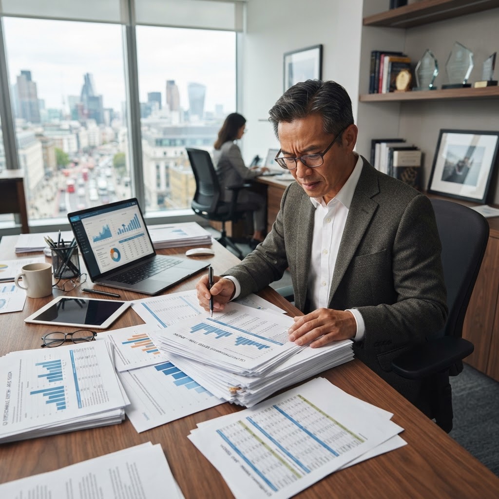 Executive reviewing documents and data at desk — business analysis, financial review, strategic evaluation