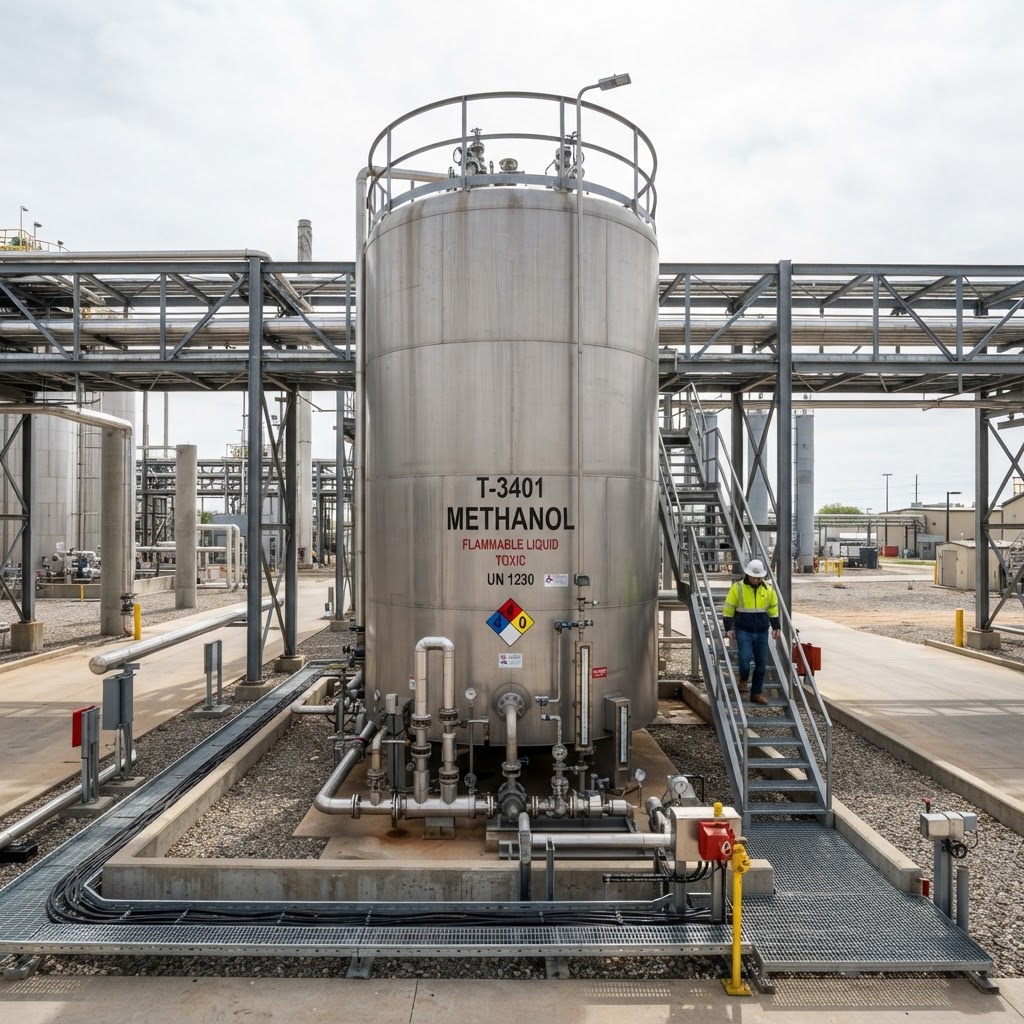 Methanol industrial solvent in large storage tank at chemical processing facility