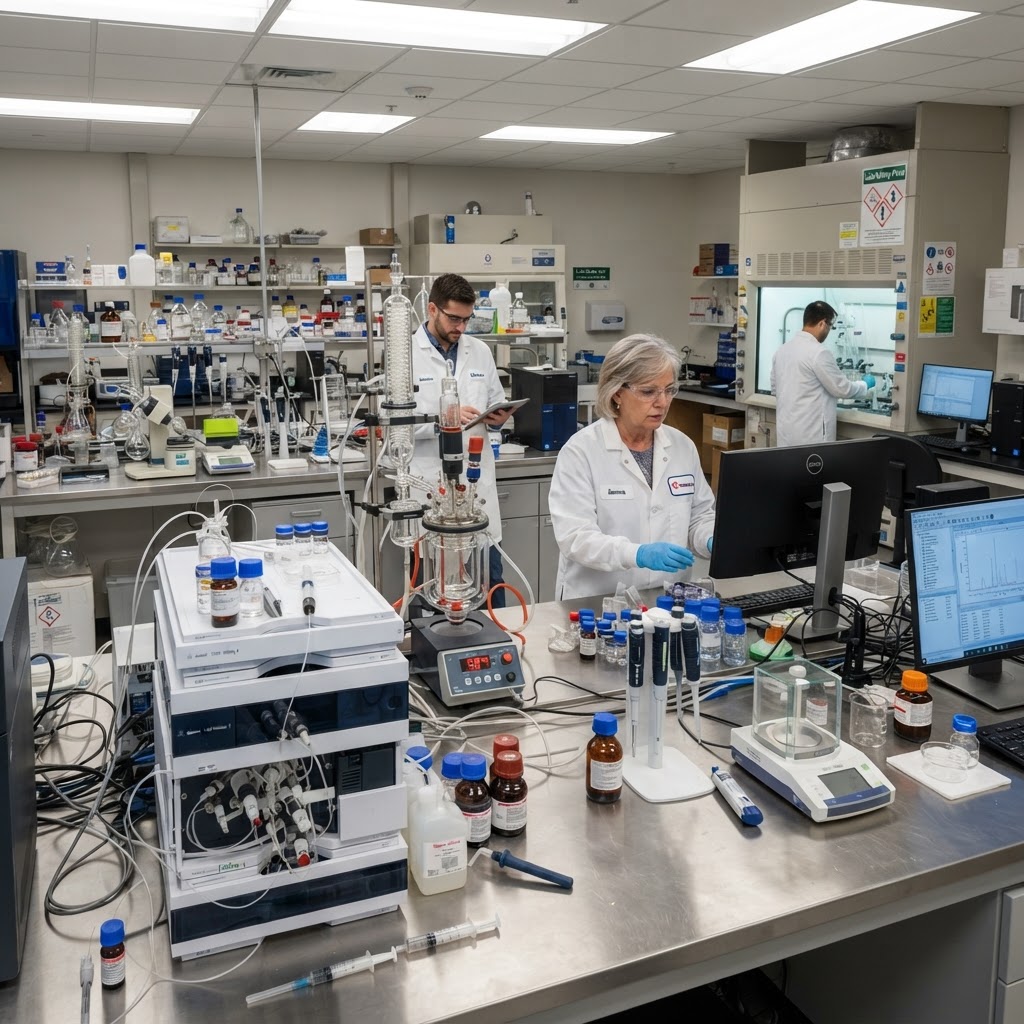 Small molecule pharmaceutical development laboratory with analytical chemistry equipment and process optimization tools