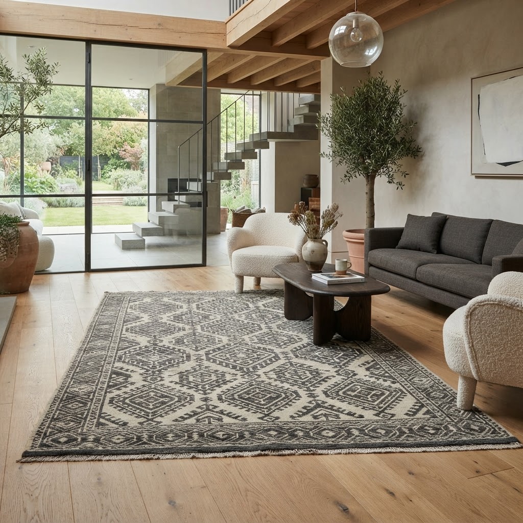 Loom-knotted carpet with geometric pattern in muted charcoal and ivory, architectural interior setting