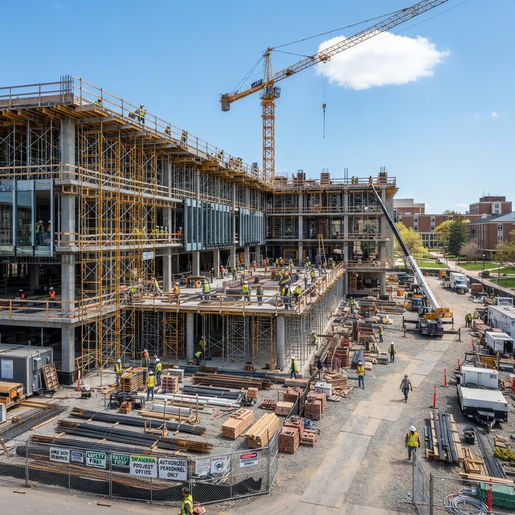 Institutional building under construction with organized professional construction site