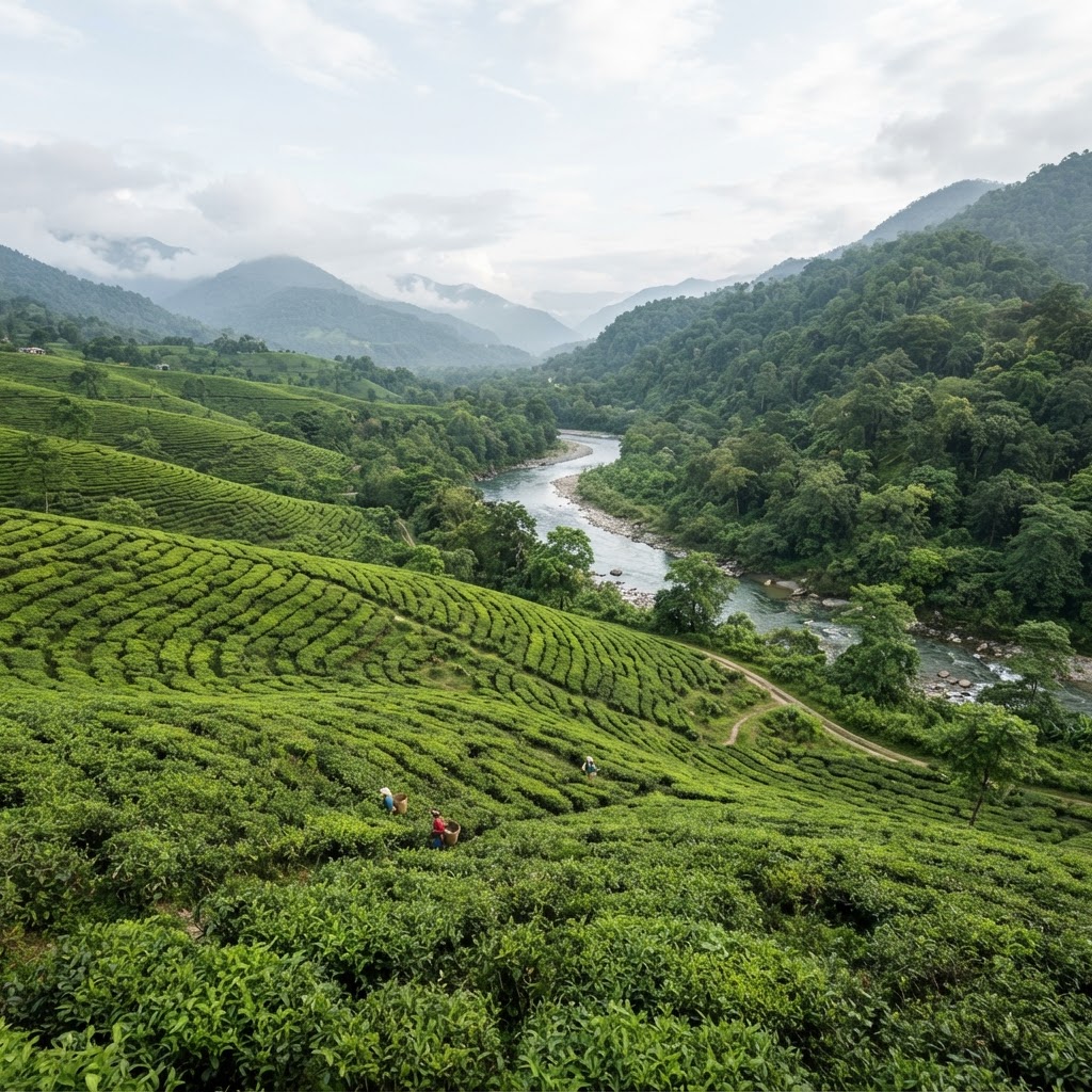 Samsing tea garden with river and forest in the Dooars region