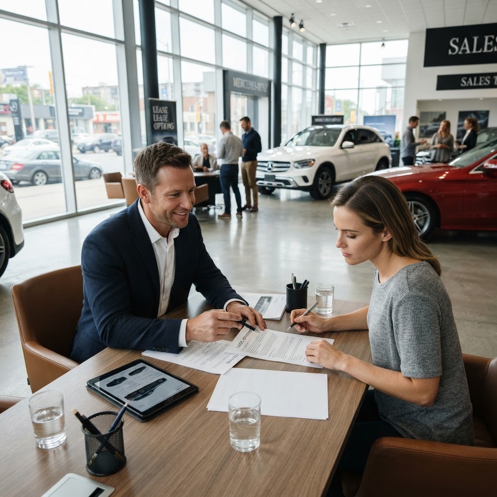 Car salesperson and buyer negotiating at a dealership — expert car buying tips 2026