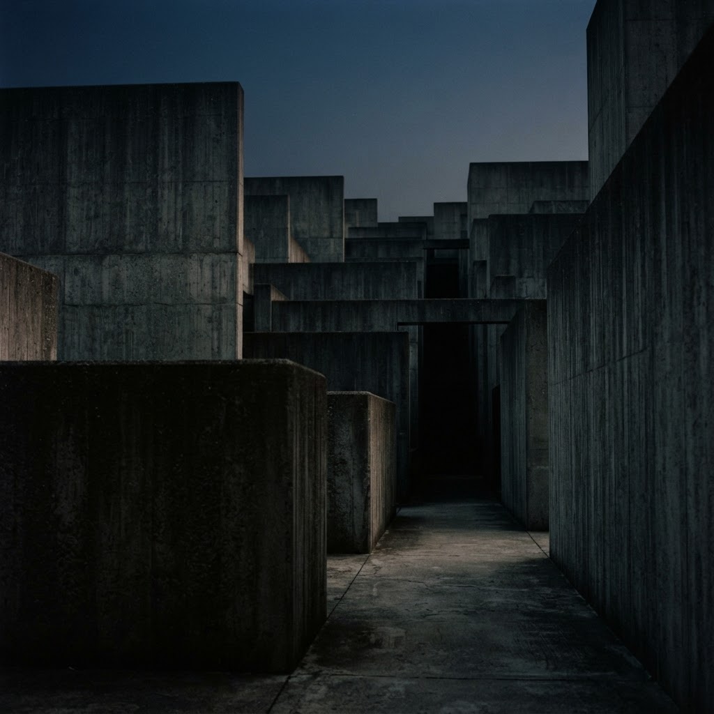 Layered architectural planes receding into atmospheric darkness — depth and permanence