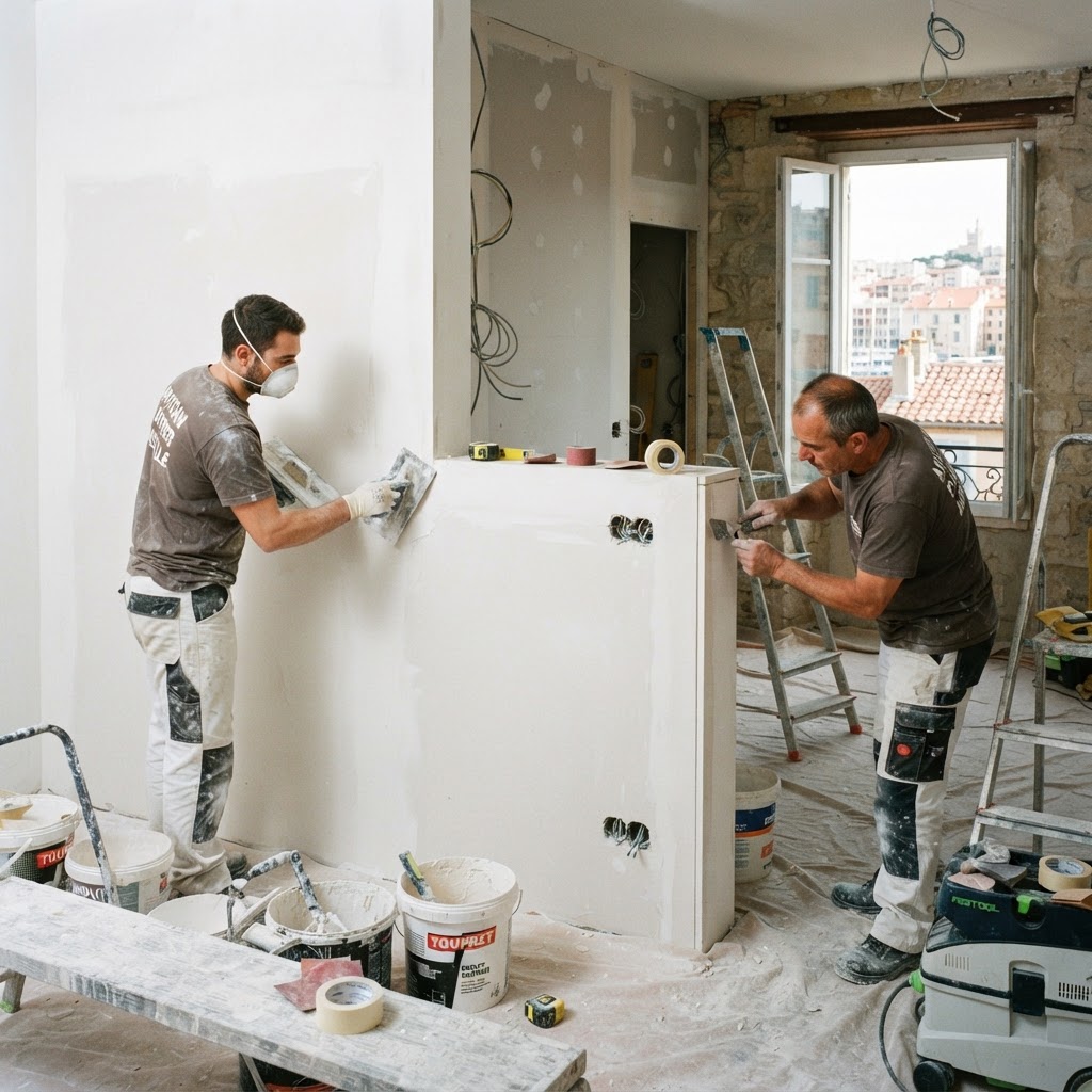 Rénovation intérieure à Marseille, plâtrage des murs, pose de cloisons, finitions soignées