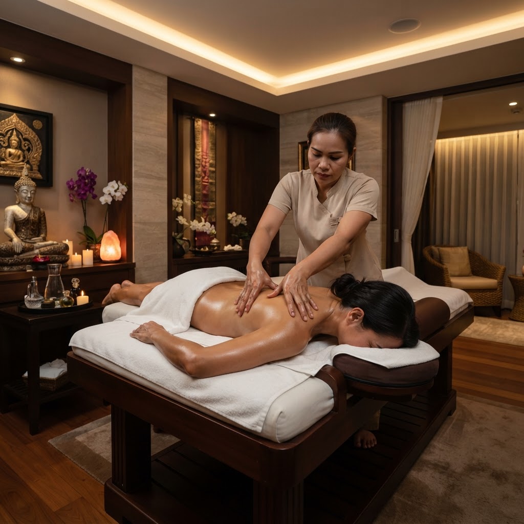 Deep tissue massage treatment with professional therapist applying focused pressure in a luxury private suite at UNIQ International Thai Spa