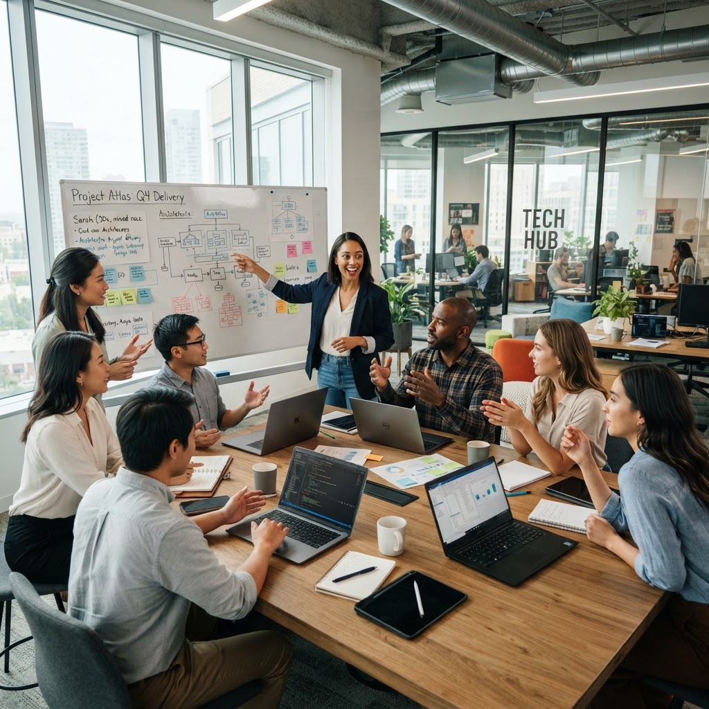 Professional team collaborating on end-to-end technology project delivery in UAE