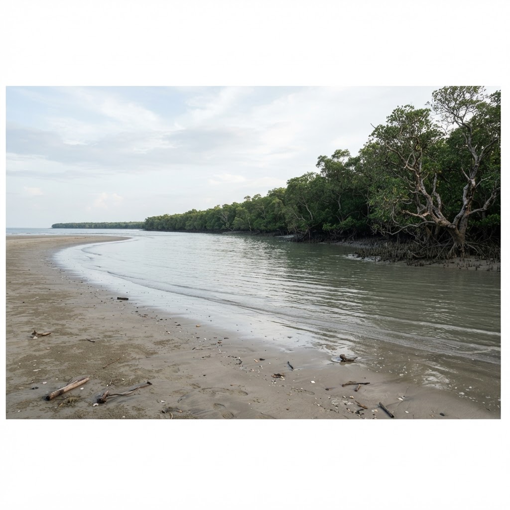Bakkhali beach with calm waters, mangrove trees, and empty shoreline