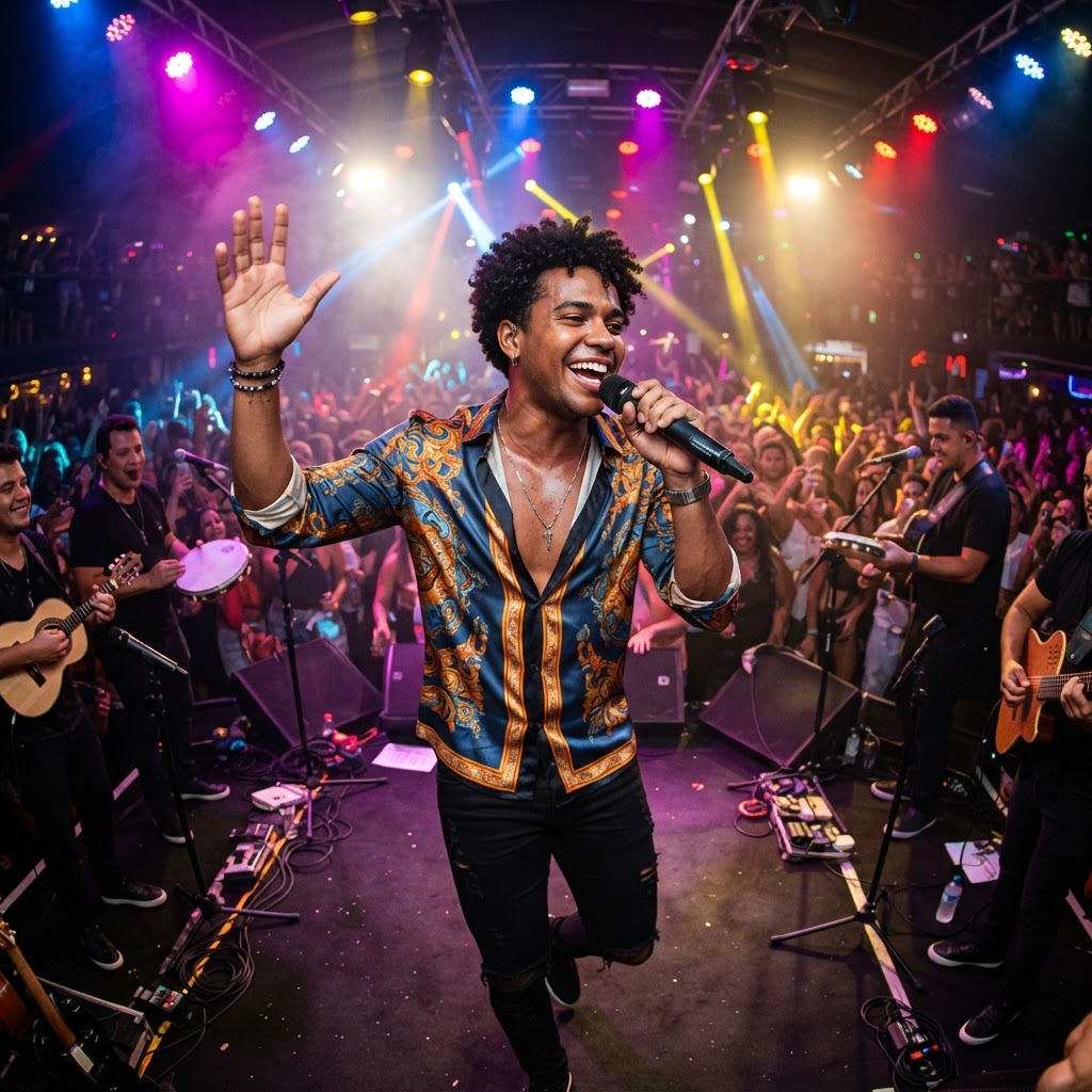 Young Brazilian pagode singer performing with energy on a brightly lit stage