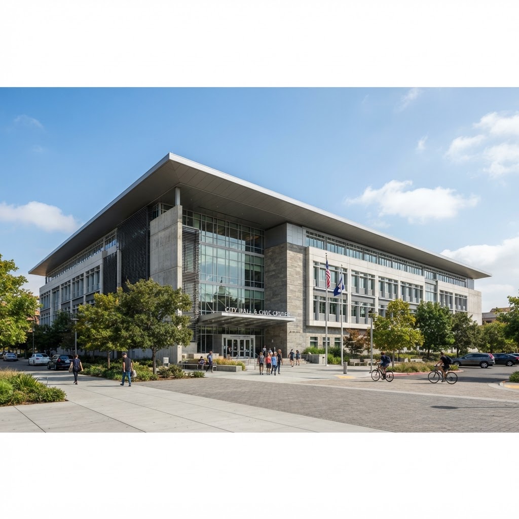 Institutional building exterior, school or government facility, large flat roof, daylight