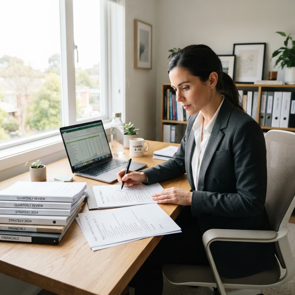 Person reviewing a final checklist and organized documents at a clean desk before an important event