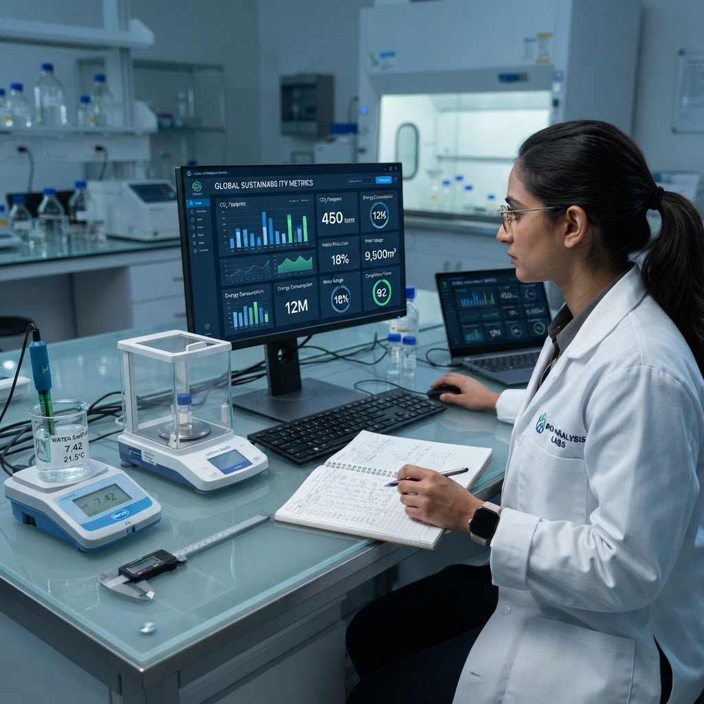 Precision instruments and structured data records in cool light, sustainability reporting interface